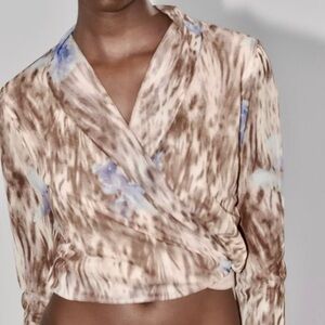 Zara Tan and Brown Long Sleeve Wrap Blouse